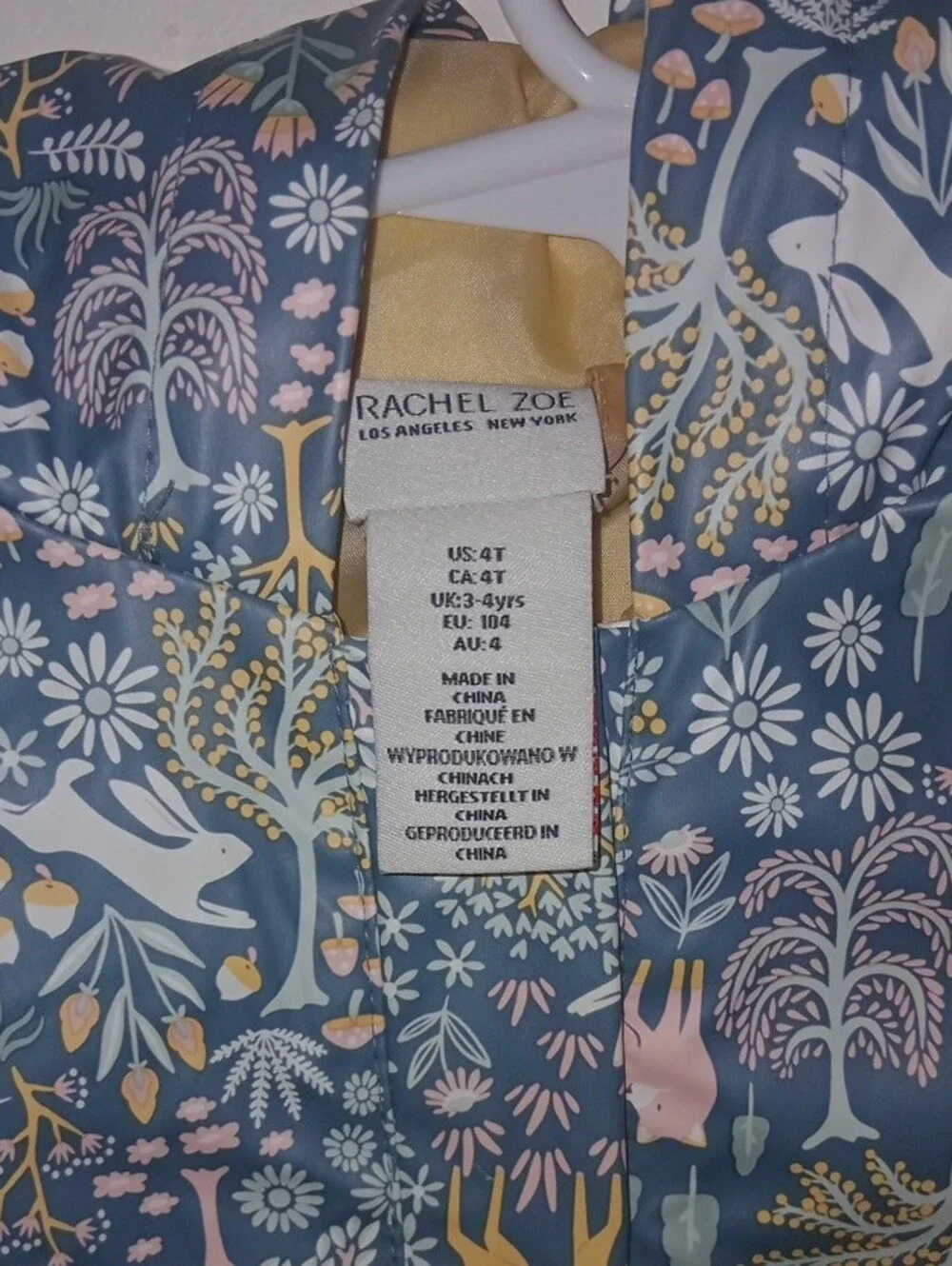Rachel Zoe Girls' Hooded Raincoat in Navy with Pink & Yellow Woodland Print